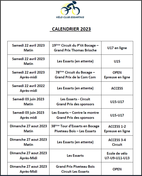 VC Essartais:Calendrier organisations 2023
