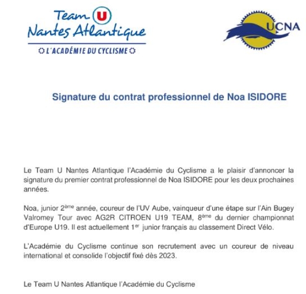 Noa Isidore passe pro chez le Team U Nantes Atlantique