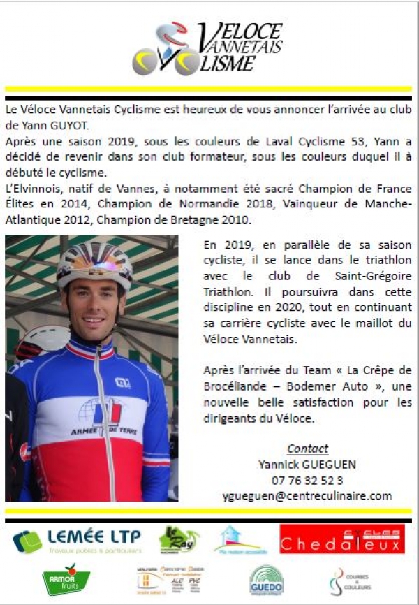 Saison 2020: Yann GUYOT au Véloce Vannetais